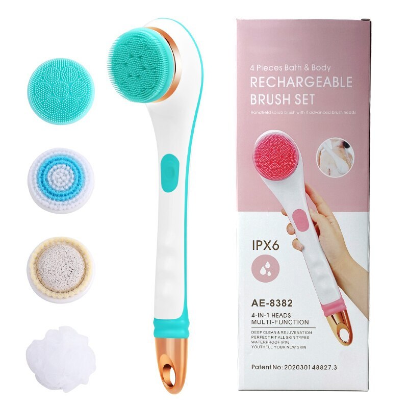 Silicone Bath Brush 4 In 1 Electric Back Scrubber 4 Brush Heads USB Rechargeable Rotating Shower Massager With 2 Speeds