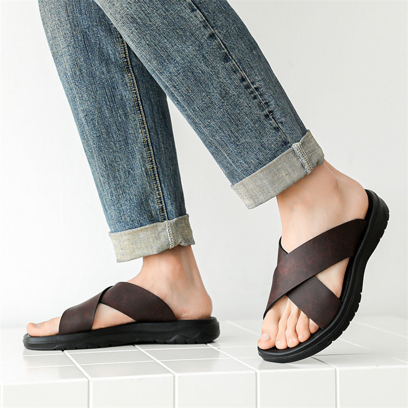Leather Cross Plus Size Beach Casual Slippers Men
