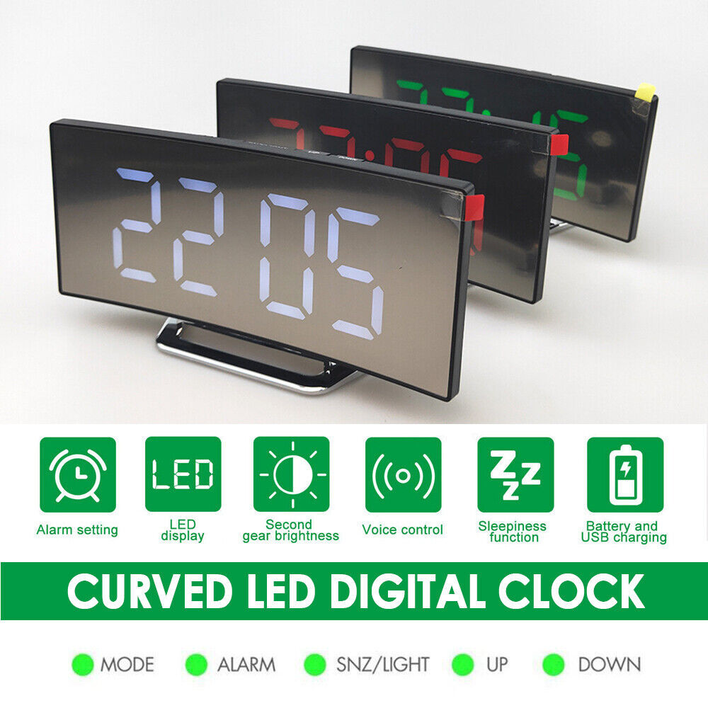 LED Digital Alarm Clock USB Temperature Curved Display Snooze Bedside Modern Hot