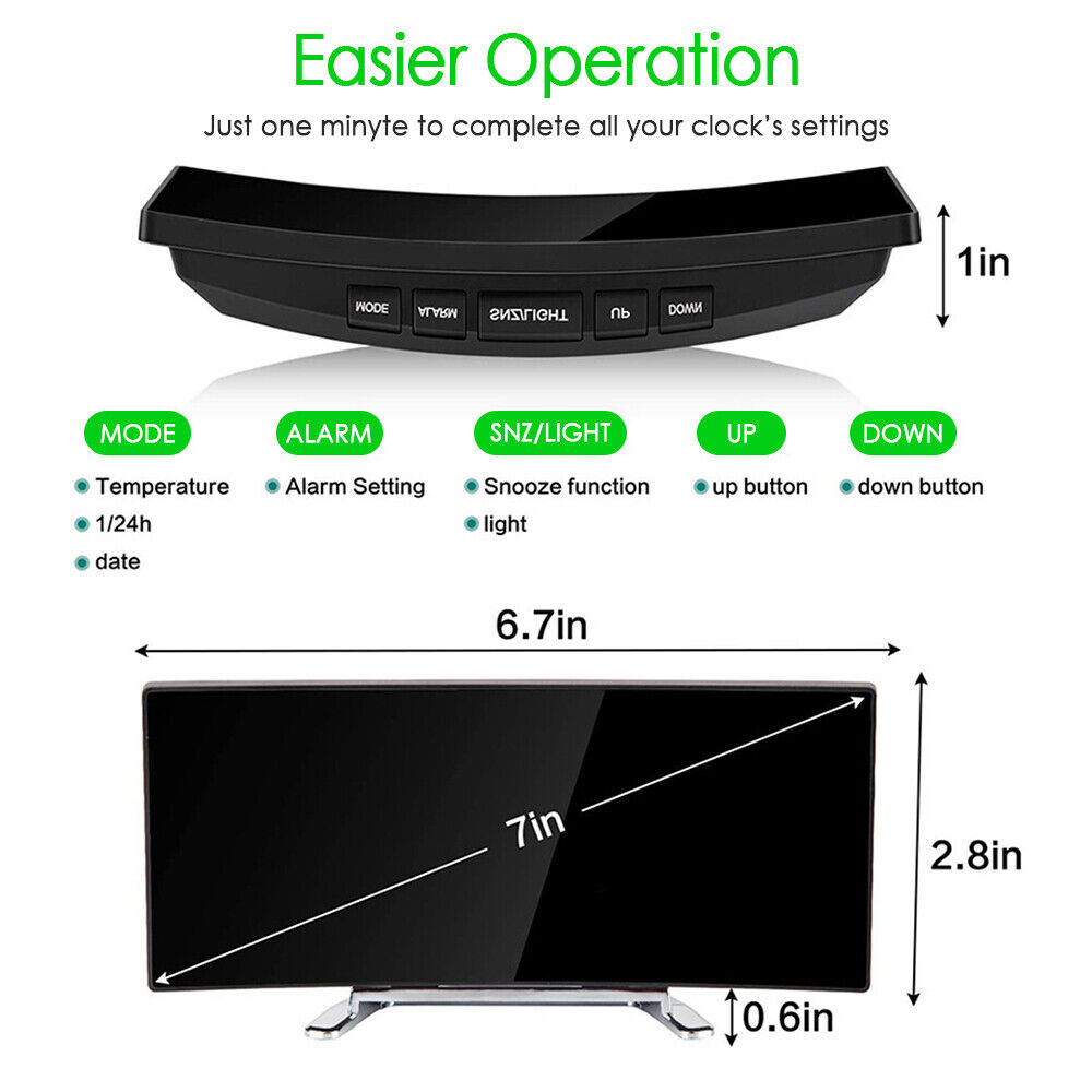 LED Digital Alarm Clock USB Temperature Curved Display Snooze Bedside Modern Hot