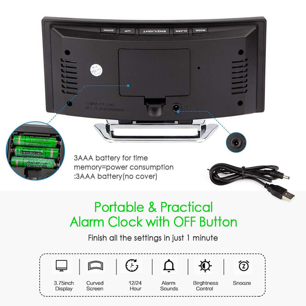 LED Digital Alarm Clock USB Temperature Curved Display Snooze Bedside Modern Hot