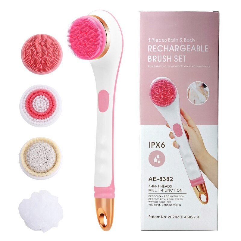 Silicone Bath Brush 4 In 1 Electric Back Scrubber 4 Brush Heads USB Rechargeable Rotating Shower Massager With 2 Speeds