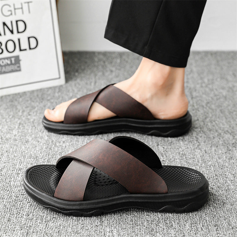 Leather Cross Plus Size Beach Casual Slippers Men